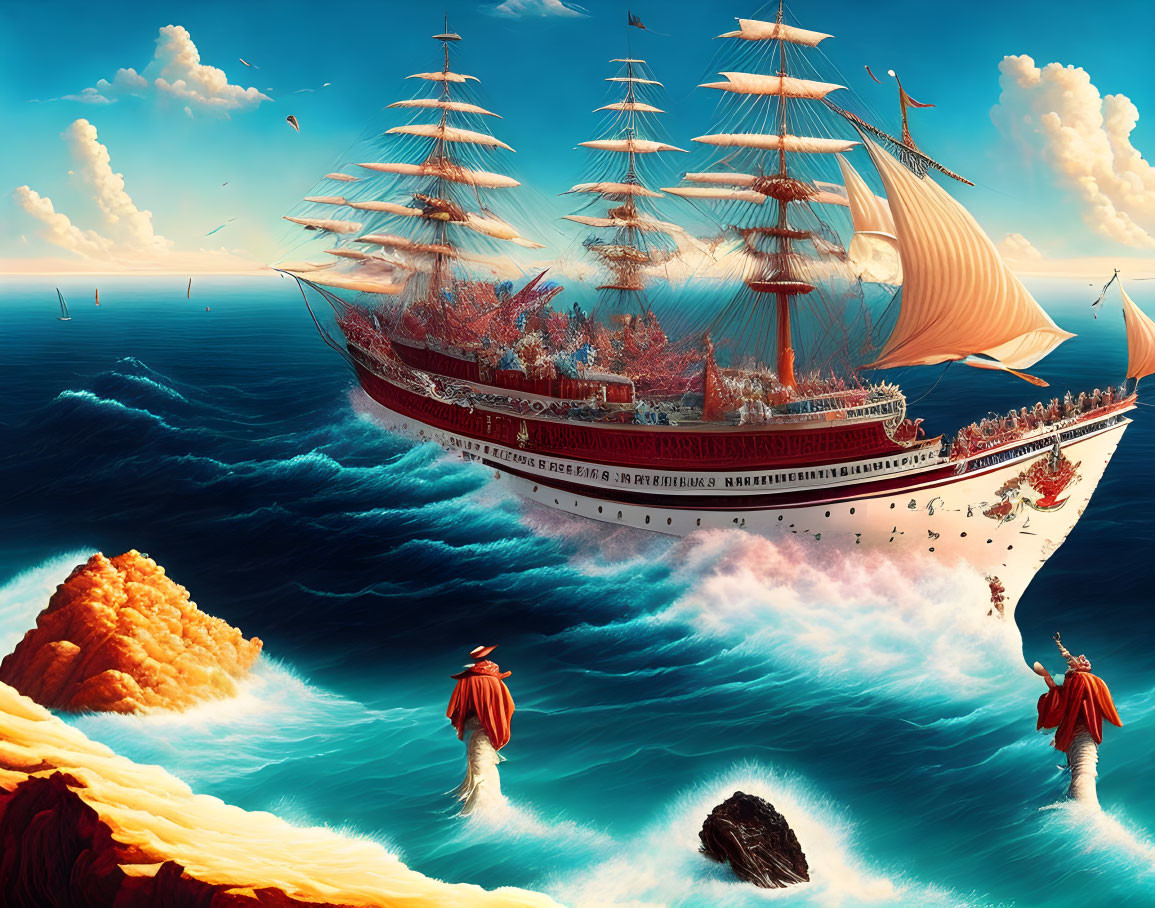 Majestic sailing ship on fantastical orange shorelines