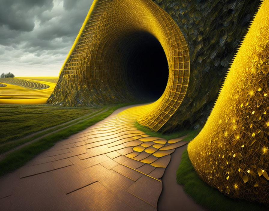 Golden textured tunnel and brick path in surreal landscape