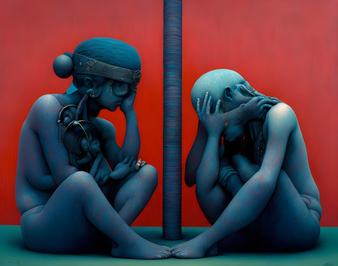 Blue-skinned figures in unique headgear sit across a pillar on red backdrop