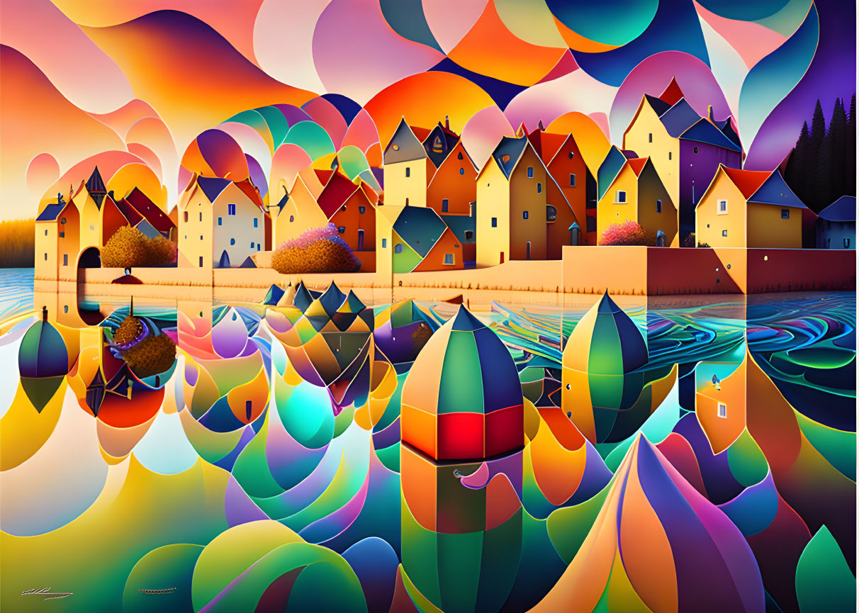 Colorful Stylized Village Landscape with Whimsical Elements