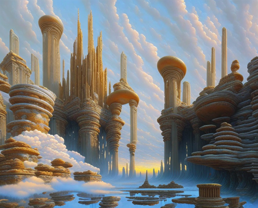 Fantastical landscape with towering columnar structures in dreamy sky