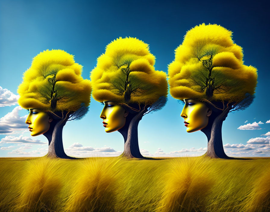 Female facial tree sculptures against blue sky with golden field landscape