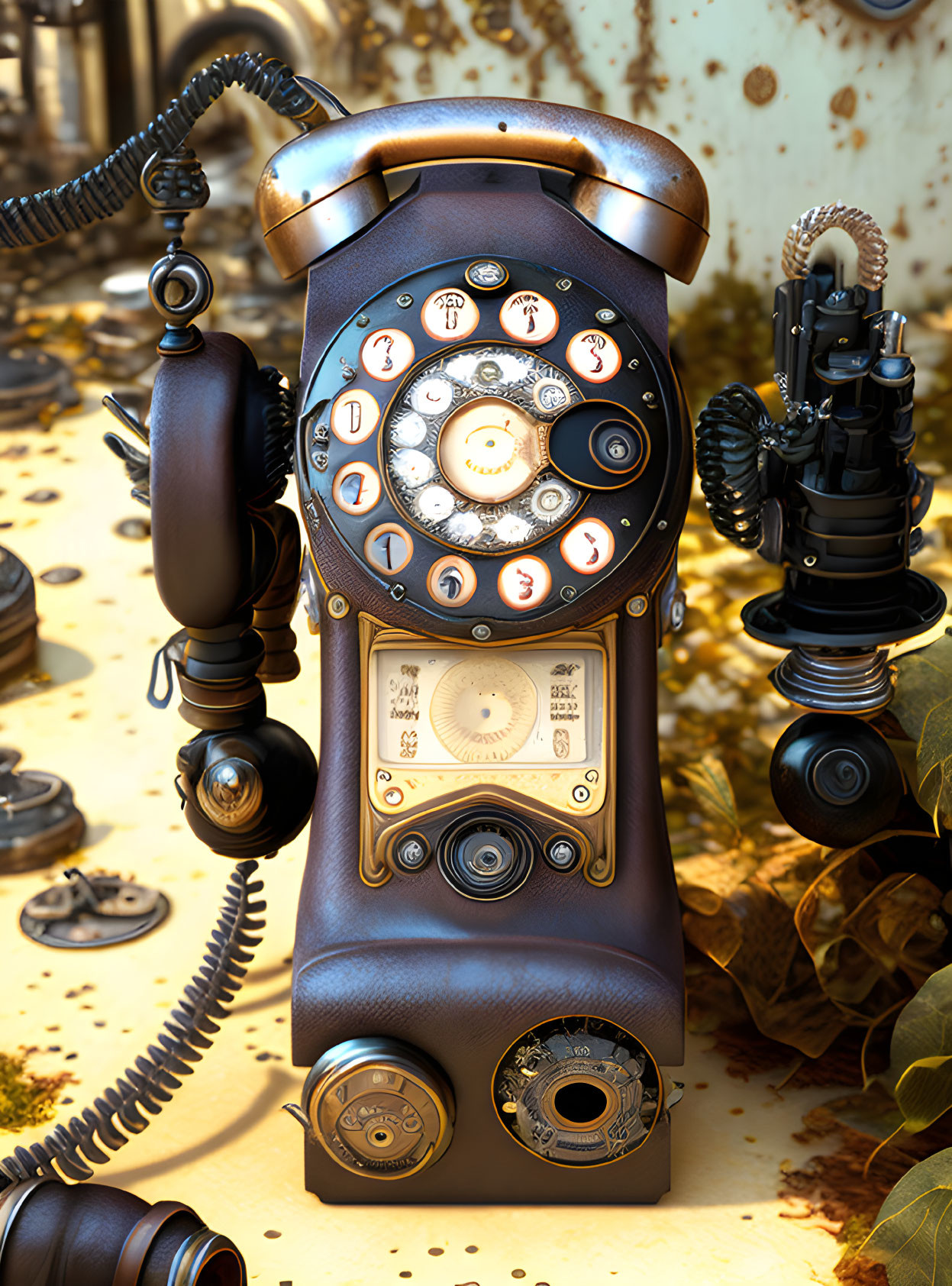 Vintage Rotary Dial Telephone Against Autumn Leaves Background