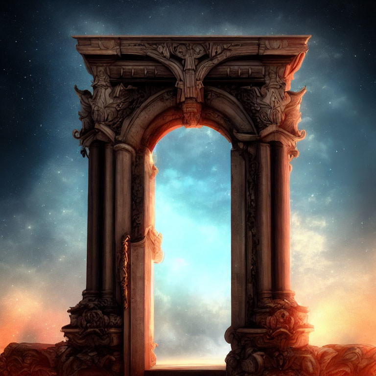 Ancient archway with intricate designs under starry sky surrounded by clouds