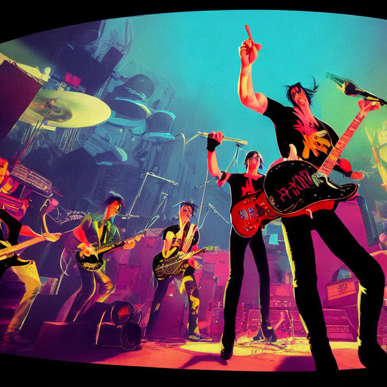 Vibrant purple and yellow-lit animated rock band performance