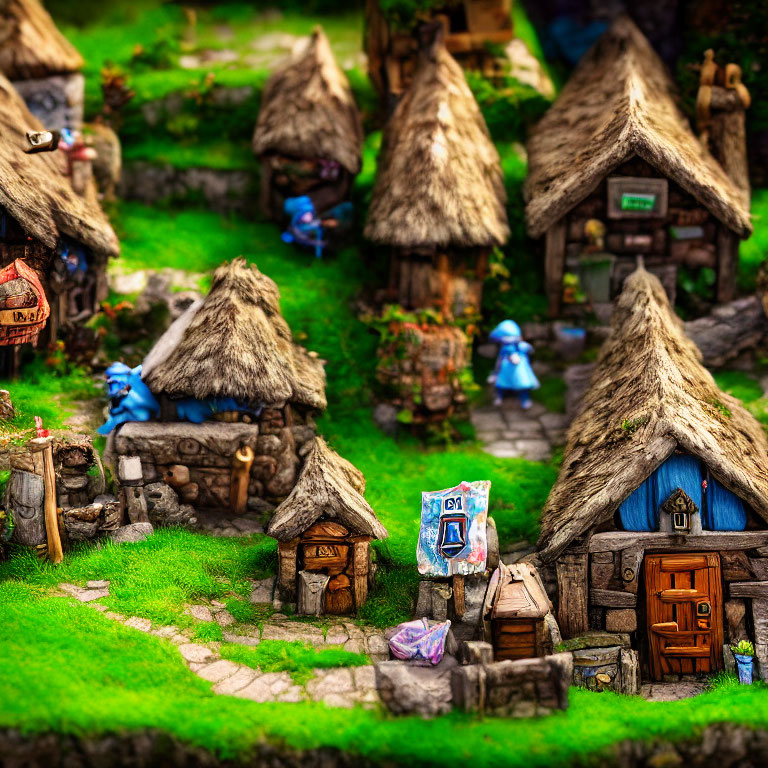 Miniature village scene with thatched-roof houses and small blue figurines in a green landscape