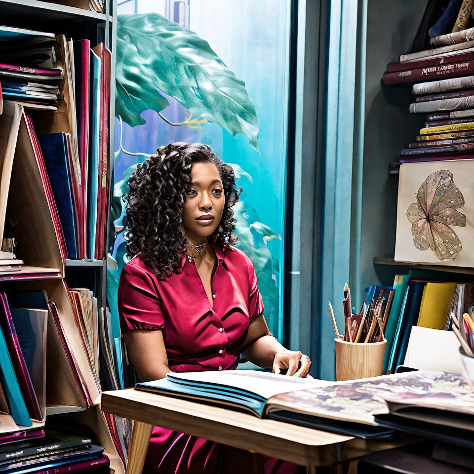 Woman in Magenta Dress Sitting at Cluttered Desk with Books and Sketches