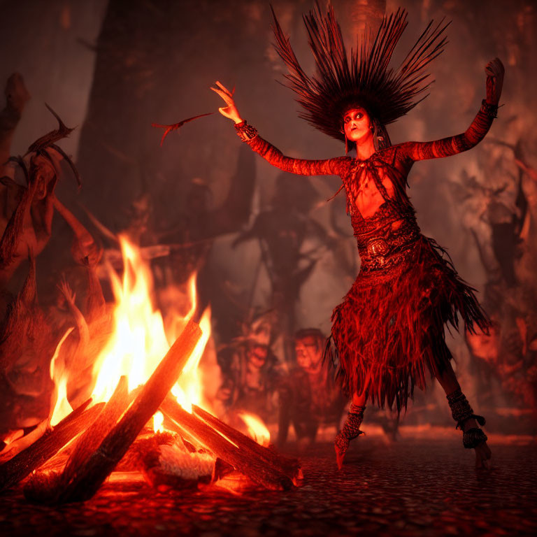 Person in tribal attire dances around bonfire in dim ambiance