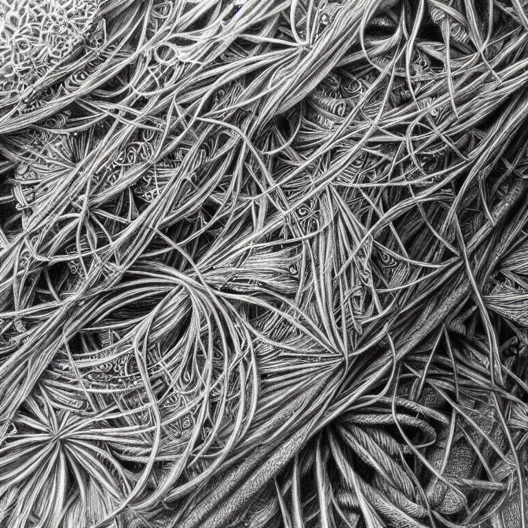 Detailed pencil drawing of intricate textured strands and fibers with impressive shading and patterns.