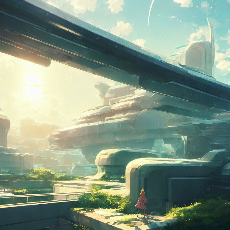 Person in Pink Outfit in Futuristic City Amidst Lush Greenery