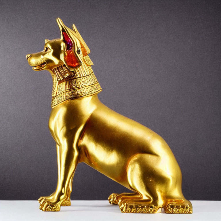 Golden Egyptian Dog Deity Statue with Intricate Headdress on Purple Background