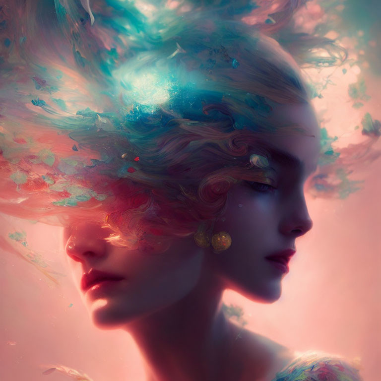 Colorful surreal portrait of woman with paint-like hair in dreamy background