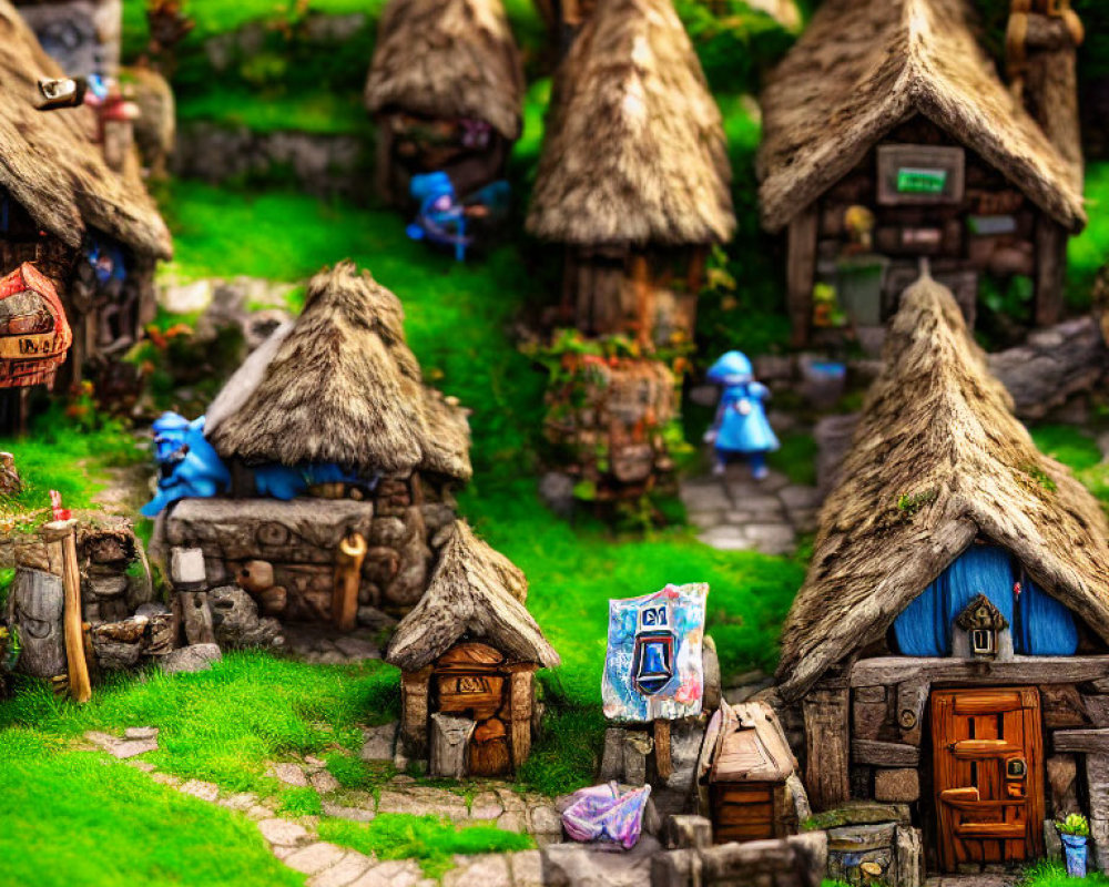 Miniature village scene with thatched-roof houses and small blue figurines in a green landscape