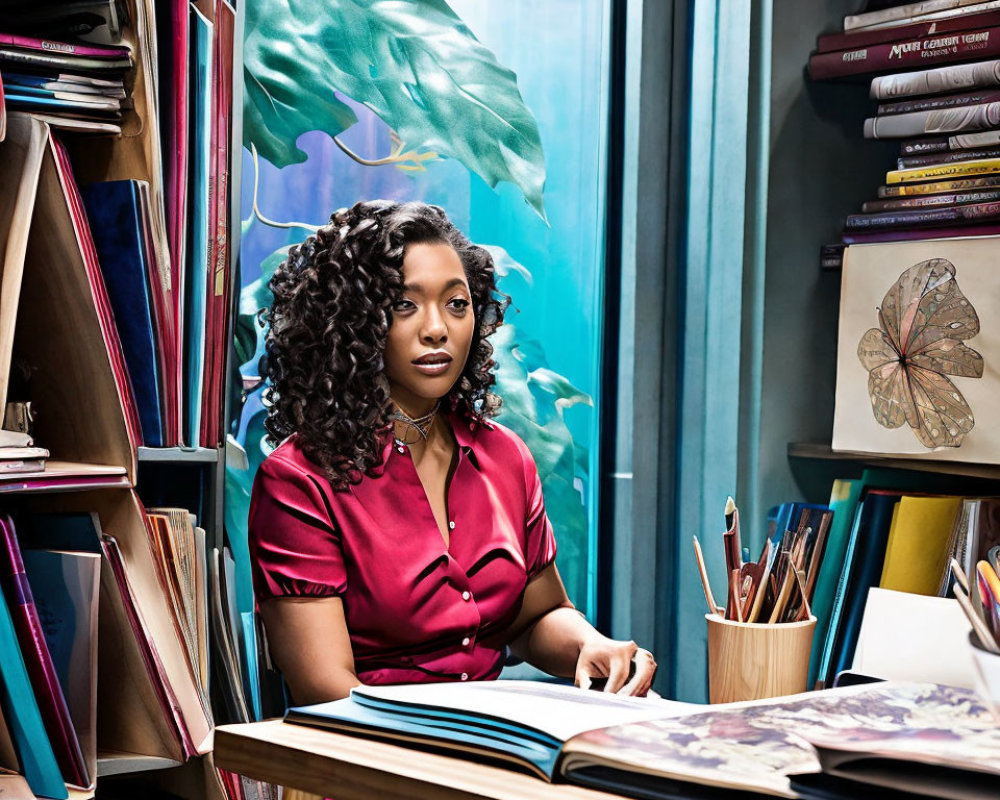 Woman in Magenta Dress Sitting at Cluttered Desk with Books and Sketches