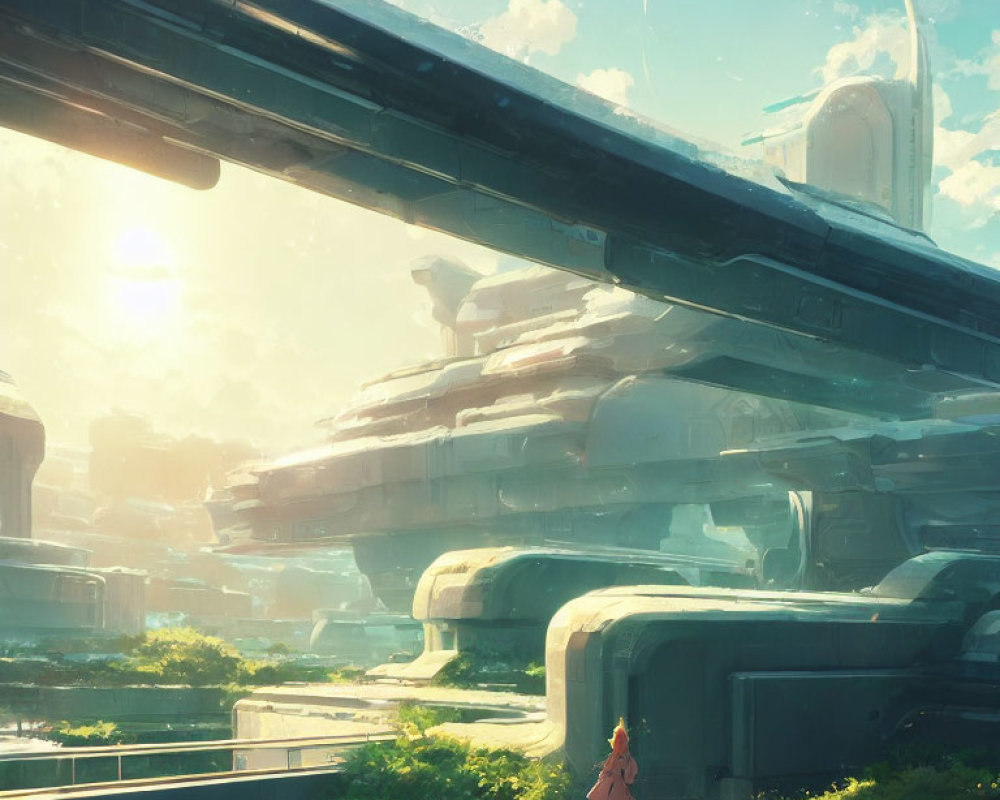 Person in Pink Outfit in Futuristic City Amidst Lush Greenery