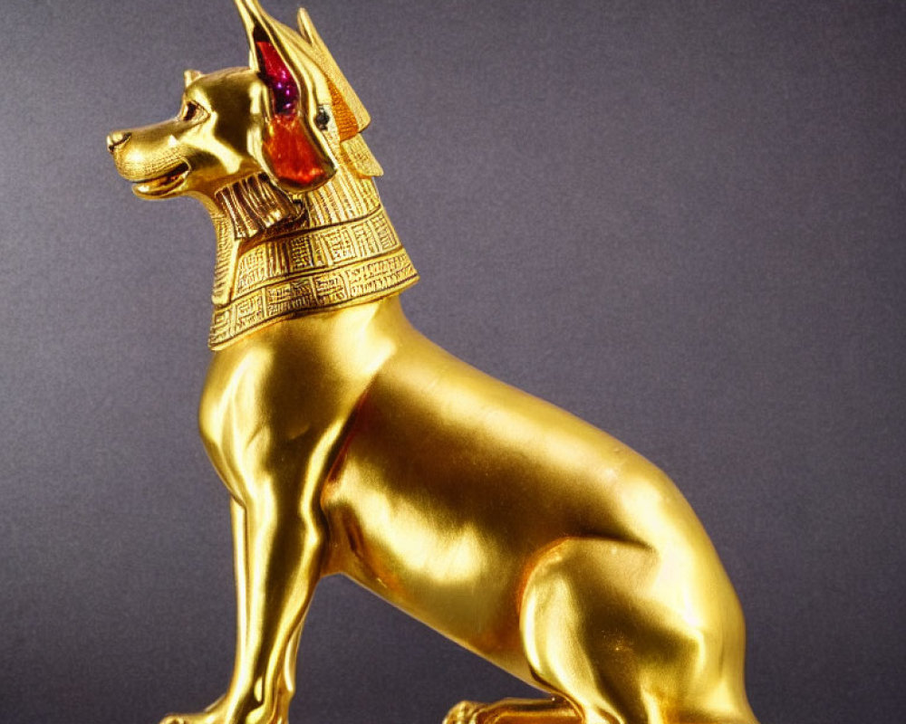 Golden Egyptian Dog Deity Statue with Intricate Headdress on Purple Background