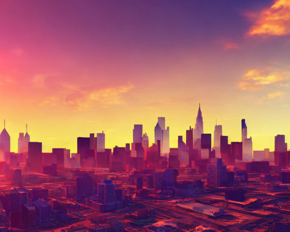 City skyline against vibrant orange and purple sunset sky