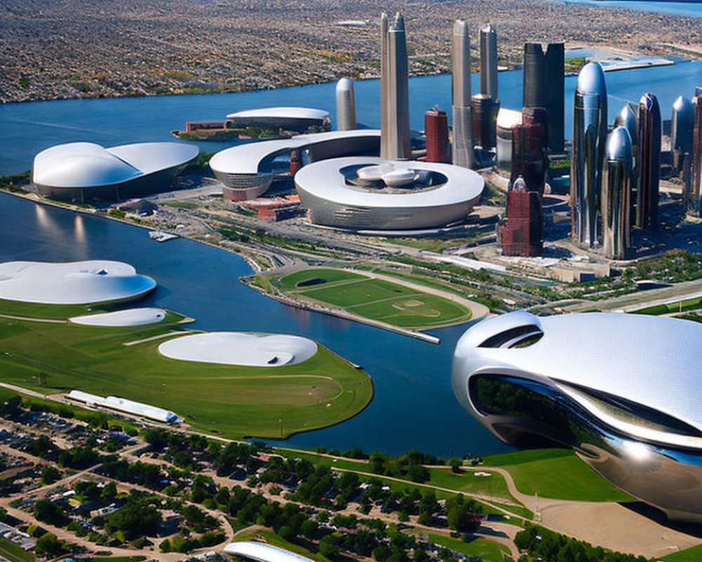 Futuristic cityscape with modern curved buildings near river