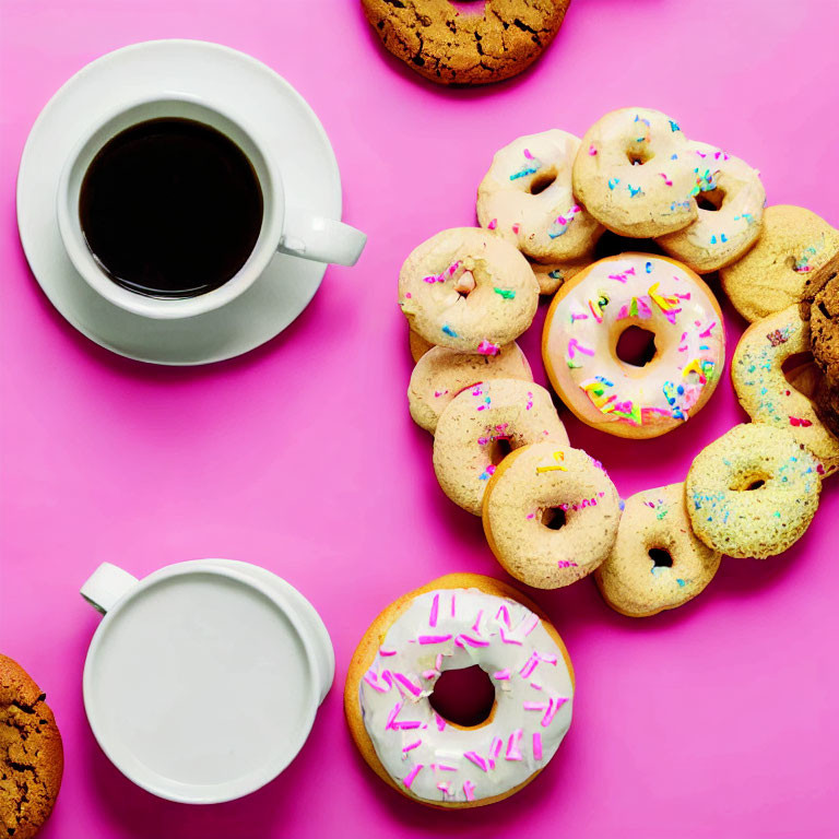 Colorful Donuts, Cookies, Black Coffee, and Milk on Pink Background