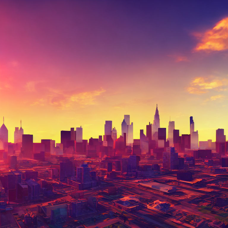 City skyline against vibrant orange and purple sunset sky