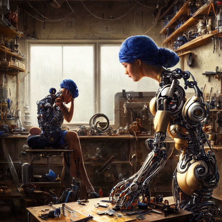 Human-like robot inspecting smaller robot in cluttered workshop full of tools