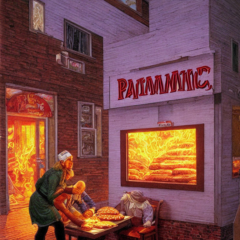 Illustration of a bakery scene with bakers and oversized loaves in warm glow