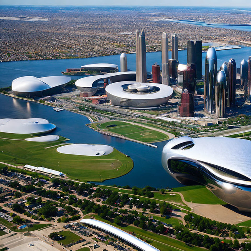 Futuristic cityscape with modern curved buildings near river