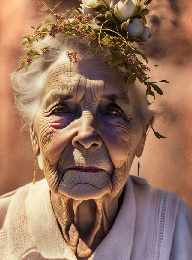 Elderly woman with floral wreath, pink sweater, and earrings gazes upward