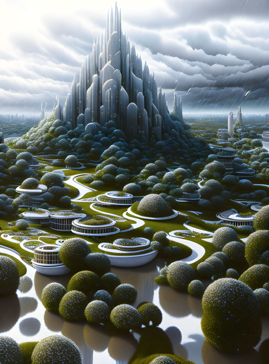 Futuristic cityscape with crystalline skyscrapers and lush green hills under cloudy sky