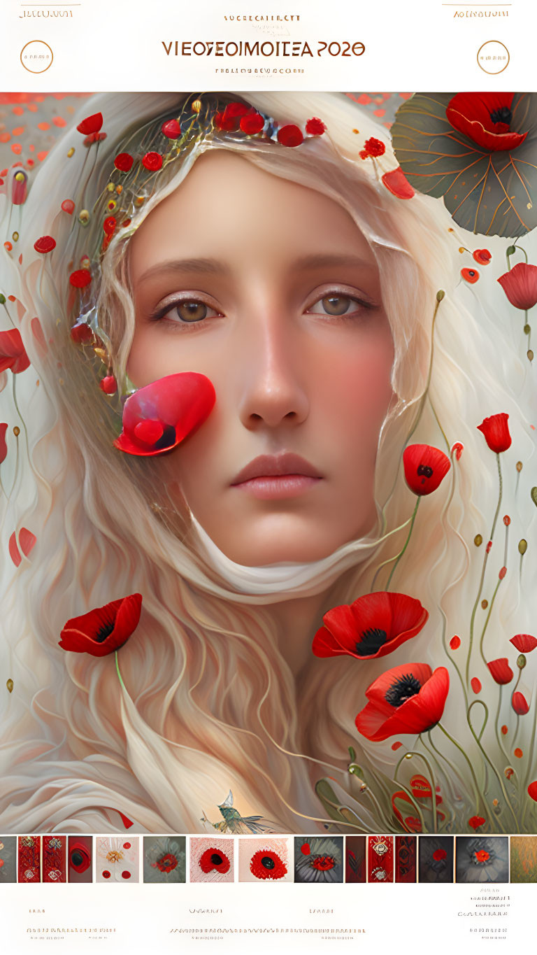 Digital artwork: Woman with fair skin and blond hair, surrounded by red poppies and veils.