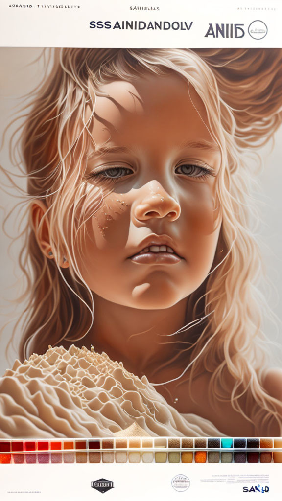 Child's face with sunlit hair and water droplets, color palette included