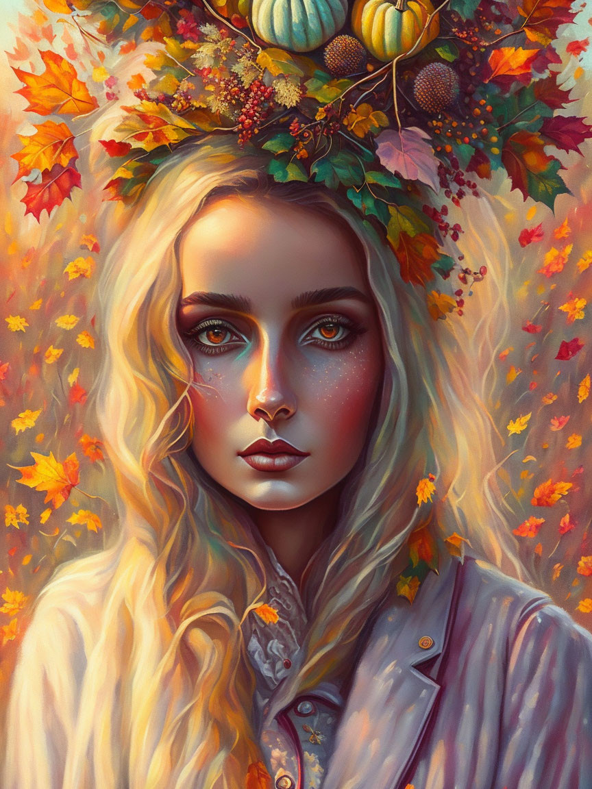 Woman portrait with autumn leaves, pumpkins, and fall foliage background