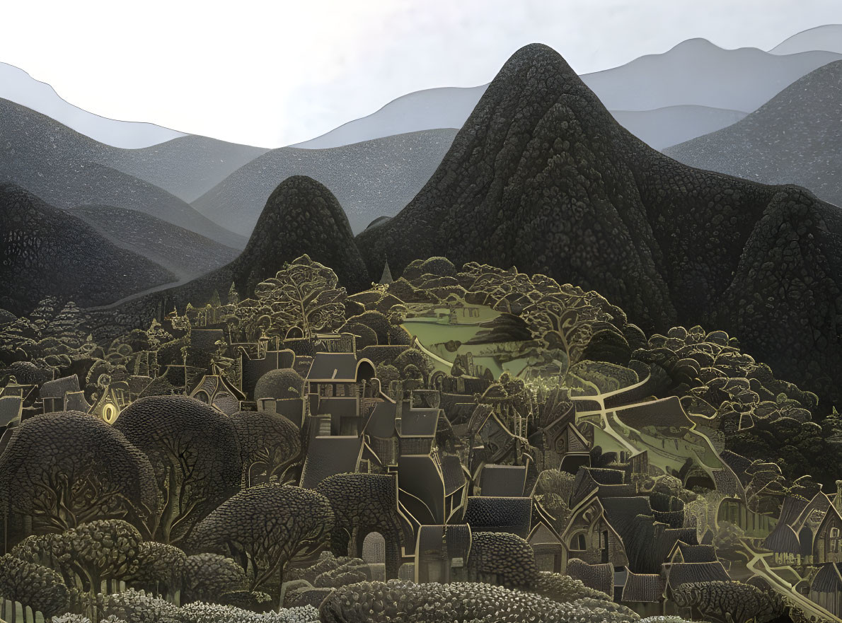 Stylized village in valley with dense trees and layered mountains under hazy sky