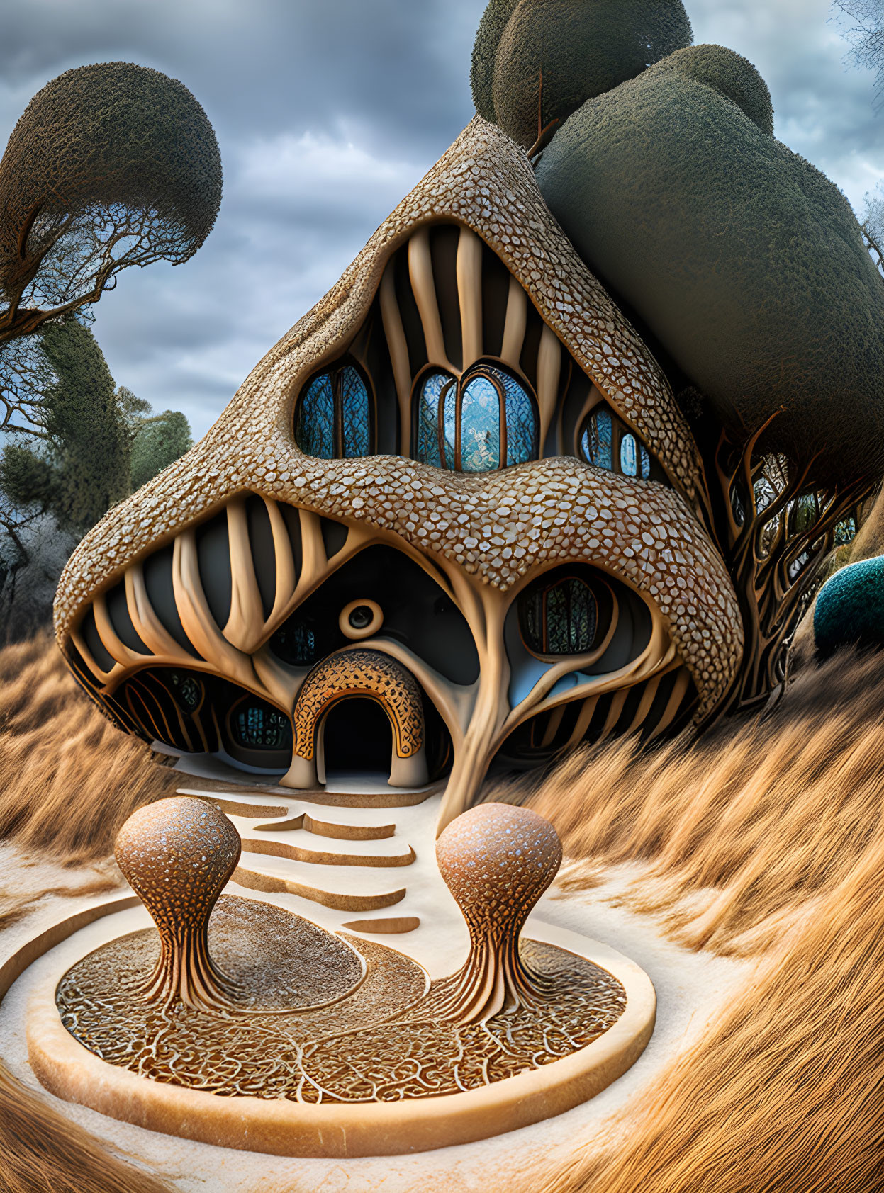 Whimsical organic house with bone-like structures and stained glass windows