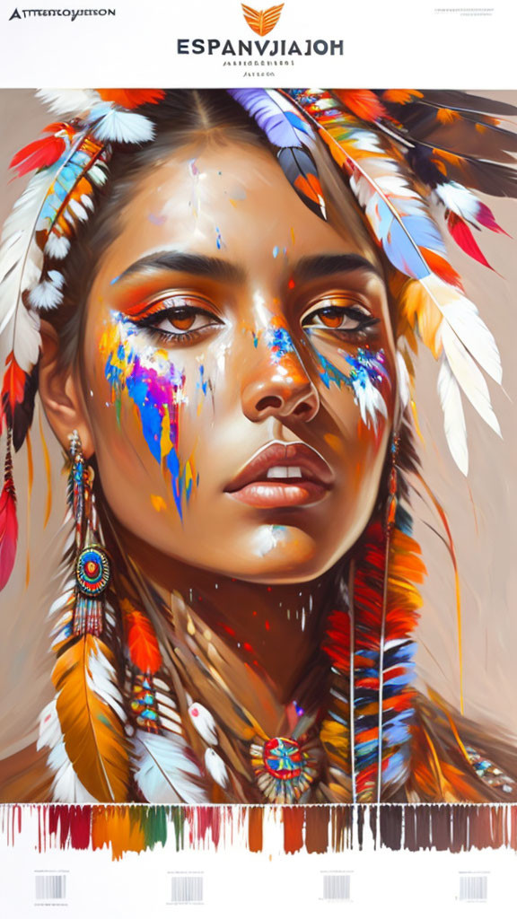 Portrait of Woman with Indigenous-Style Feather Headdress and Colorful Face Paint