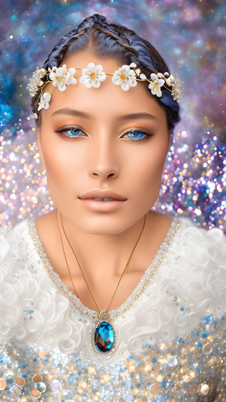 Blue-eyed woman with floral headpiece and gem necklace on cosmic backdrop