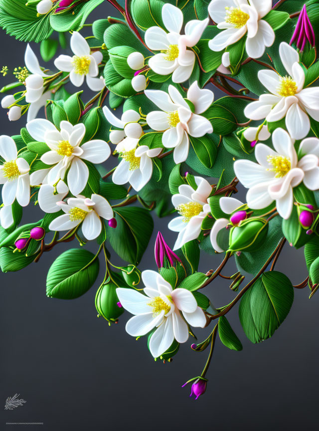 Digital artwork of white and pink flowers on dark background