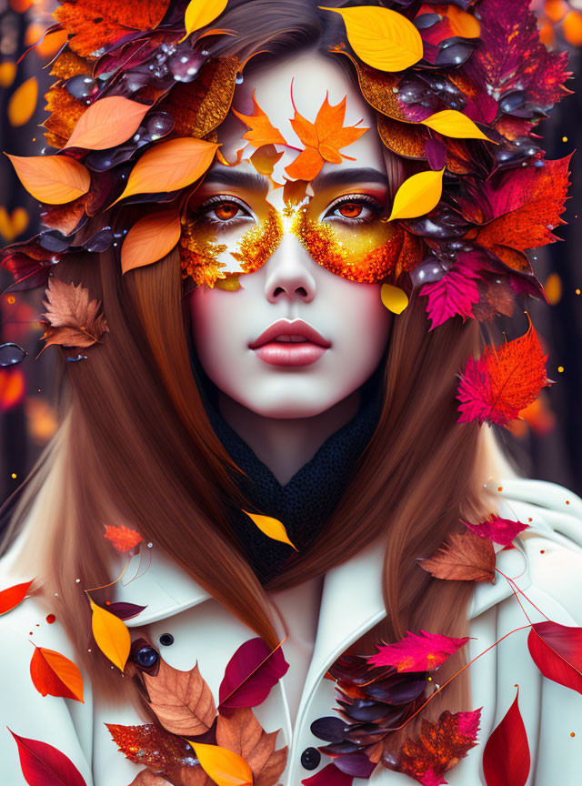 Woman with autumn leaf makeup and foliage crown in nature setting.