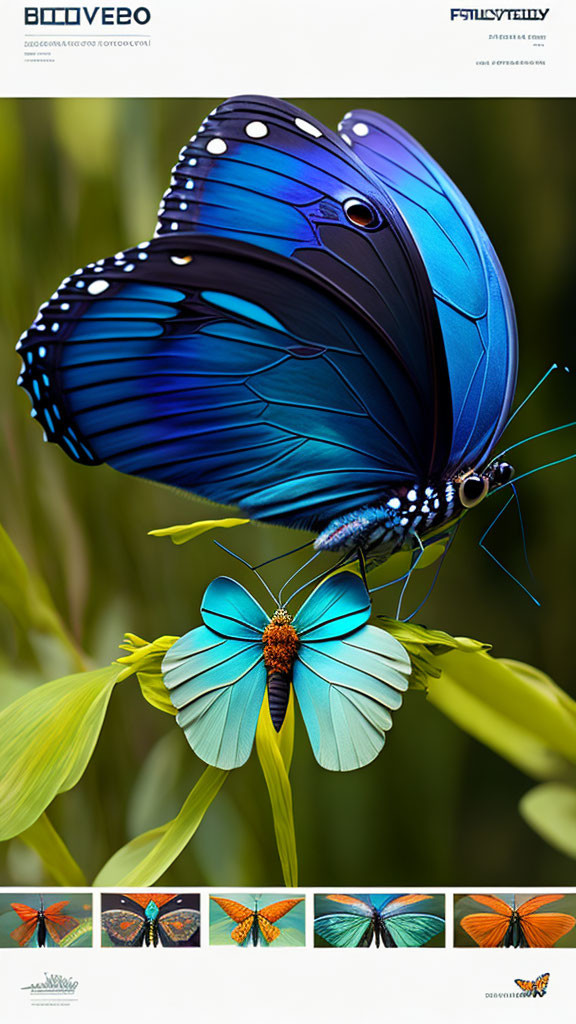 Blue Butterfly with Spotted Wings on Blue Flower against Green Background