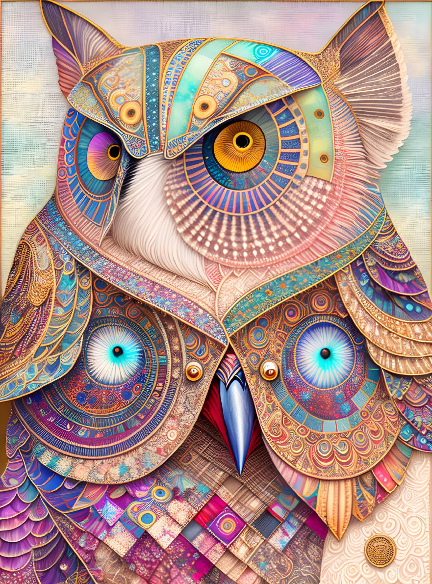 Vibrant Owl Illustration with Detailed Patterns and Mesmerizing Eyes