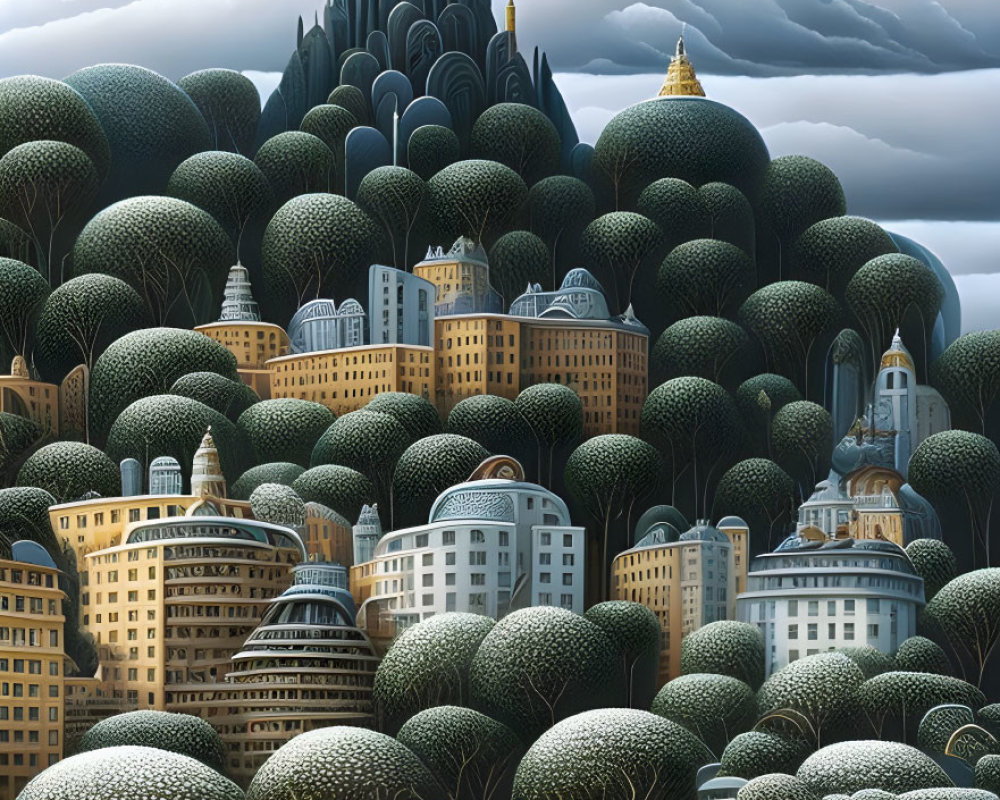 Unique Dome-Shaped Trees in Cityscape with Diverse Buildings and Crescent Moon