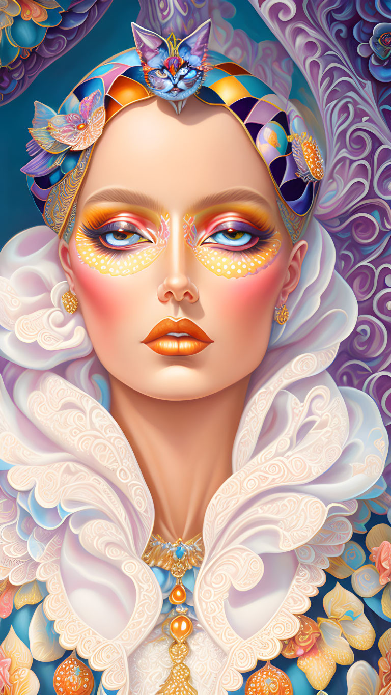 Colorful Woman Portrait with Ornate Makeup and Headdress on Blue Background