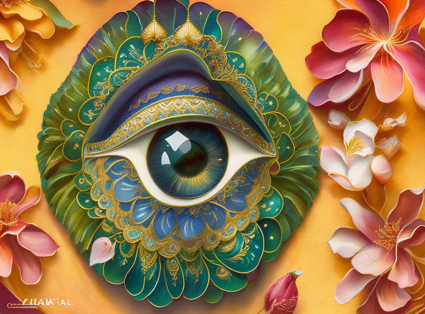 Detailed Stylized Eye Illustration with Feathers, Petals, and Floral Elements