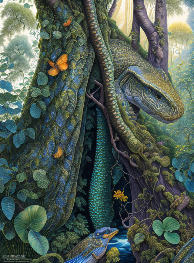 Detailed forest scene with green lizard, bird, flora, and fauna