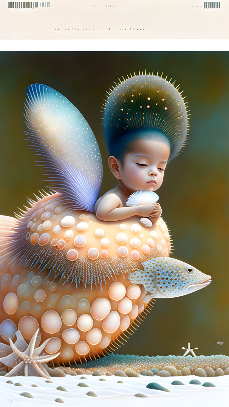 Child resting on fish-like creature amidst starfish and pebbles