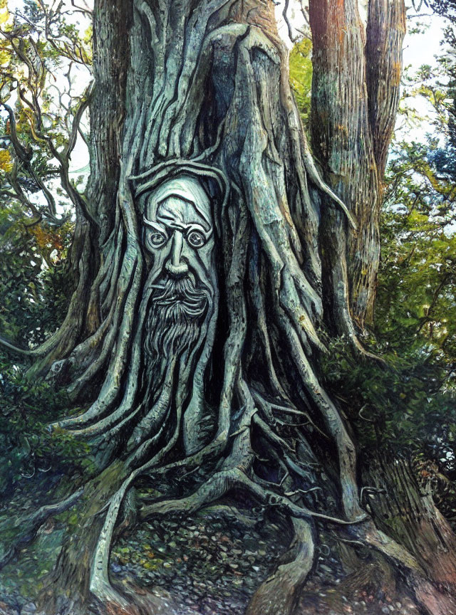 Detailed carving of old man's face on tree among roots and trunks