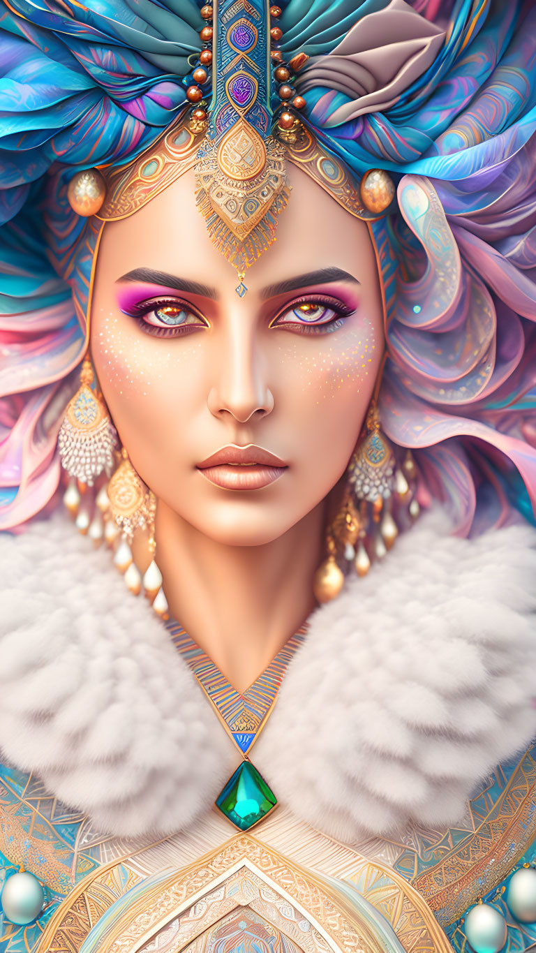 Colorful Woman Portrait with Stylized Hair and Golden Jewelry