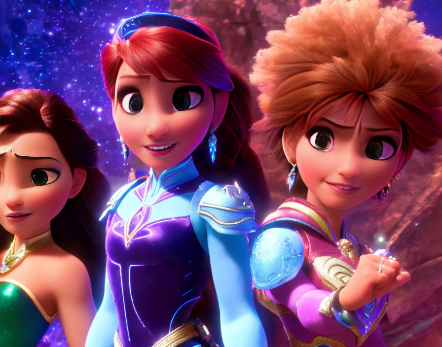 Three Female Animated Characters with Unique Hairstyles and Outfits in Magical Setting