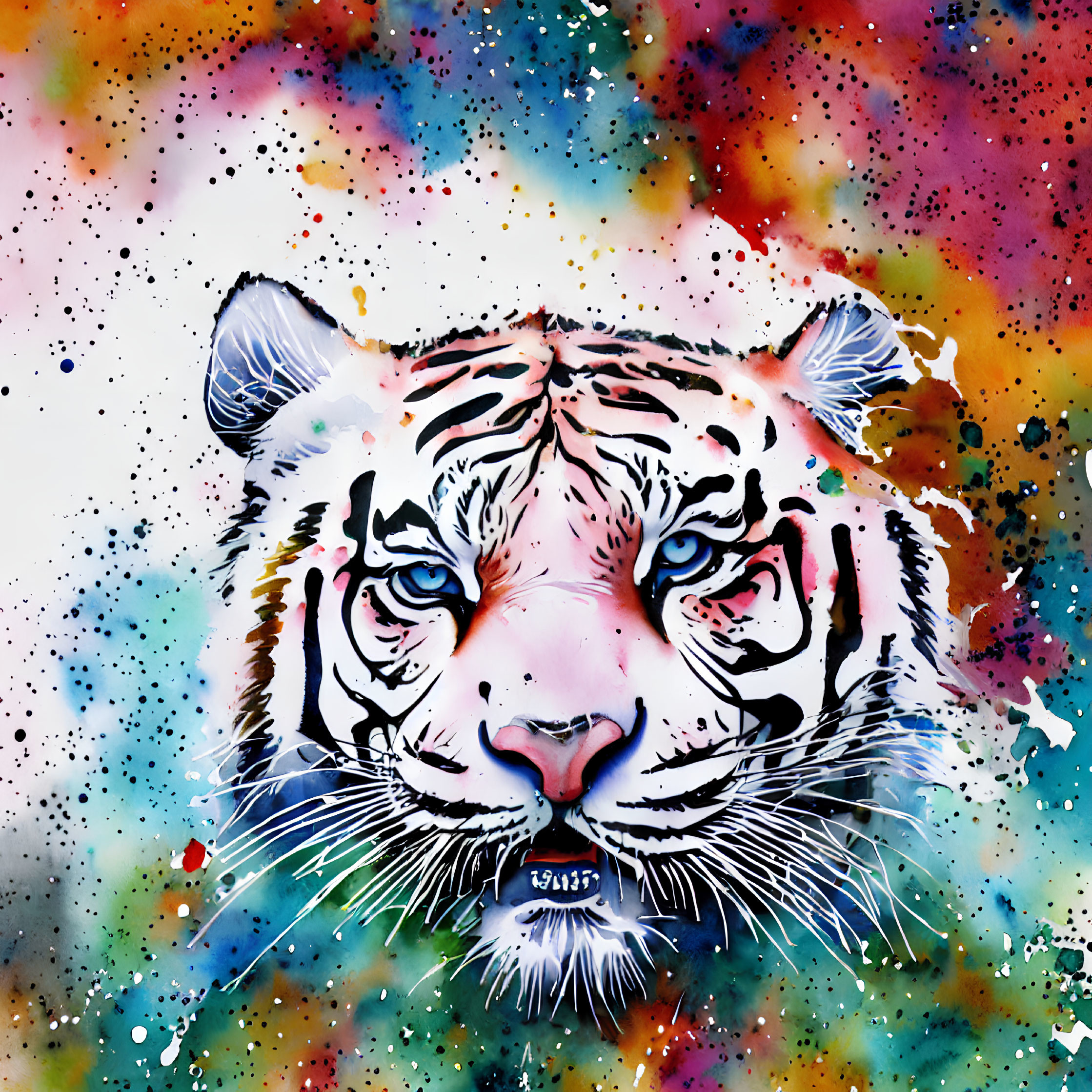 Colorful Tiger Face Watercolor Art on White Background