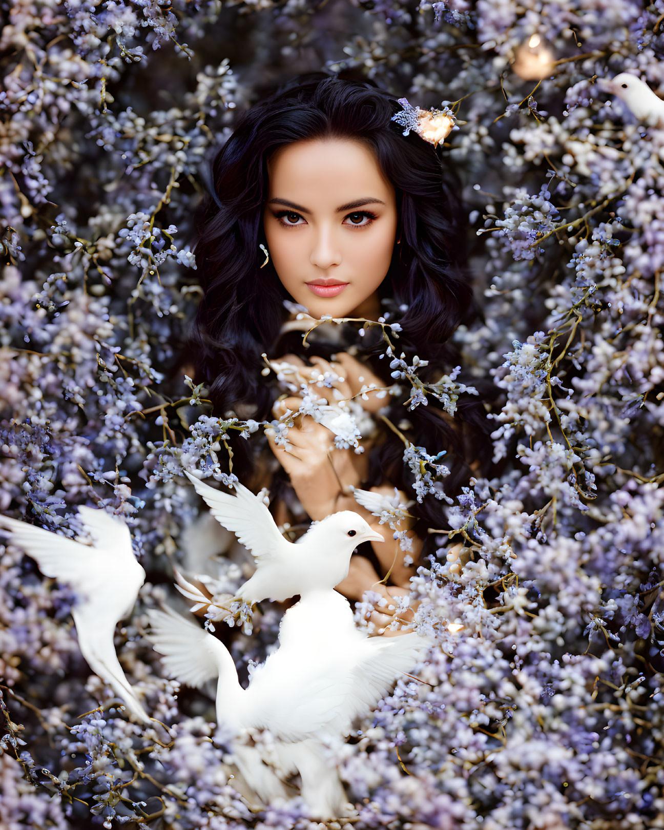 Woman with Dark Hair Among Purple Flowers and White Doves